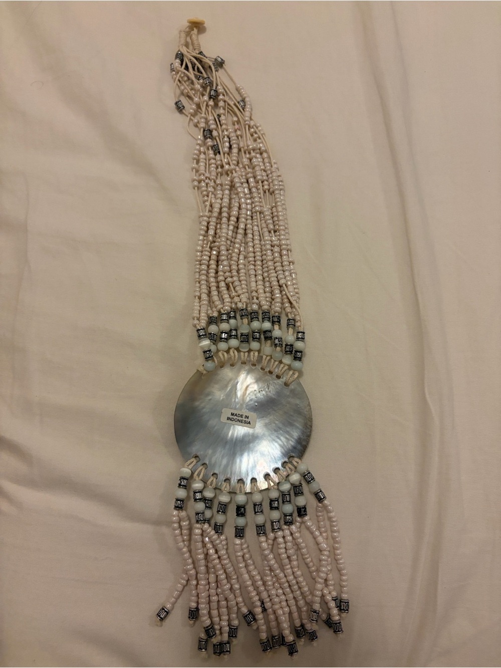 Beaded Shell Statement Necklace - White and Silver - Picture 2 of 3